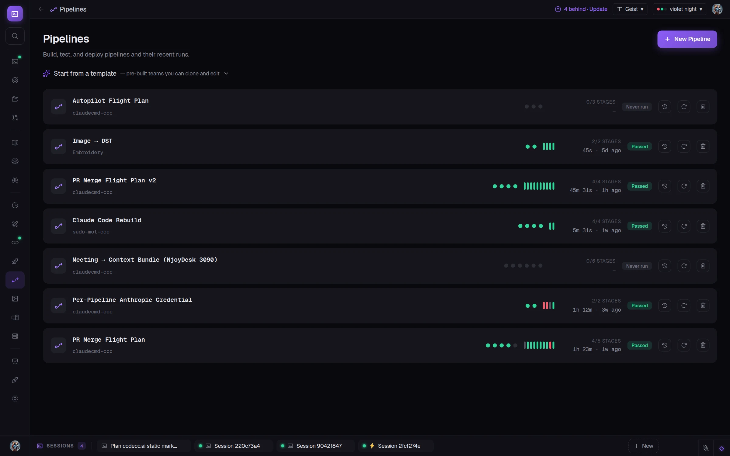 CuttleCode Pipelines view: a list of multi-agent pipelines showing stage progress and pass/fail run history.