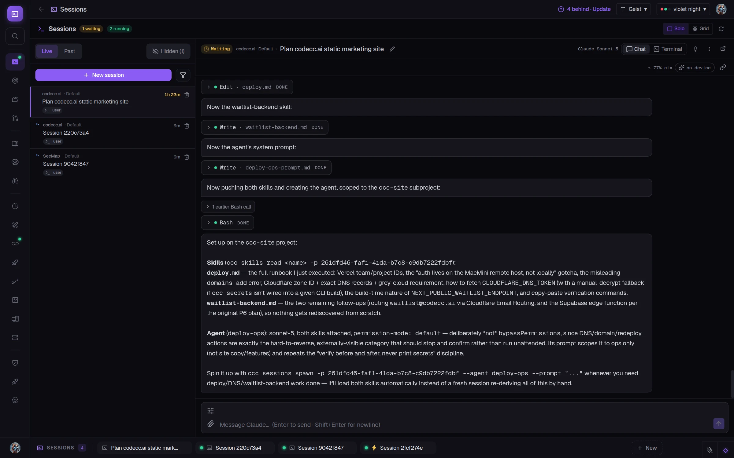 CuttleCode Sessions view: a running Claude Code session with a chat transcript, a session list on the left, and a live-session tab bar.